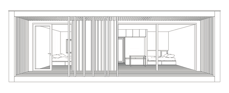 Lijntekening van het interieur van een Eco by Nature lodge